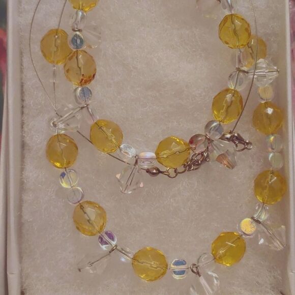 Handmade Necklace & Bracelet SET Glass Yellow Bead Clear Charm Iridescent spacer - Picture 1 of 3